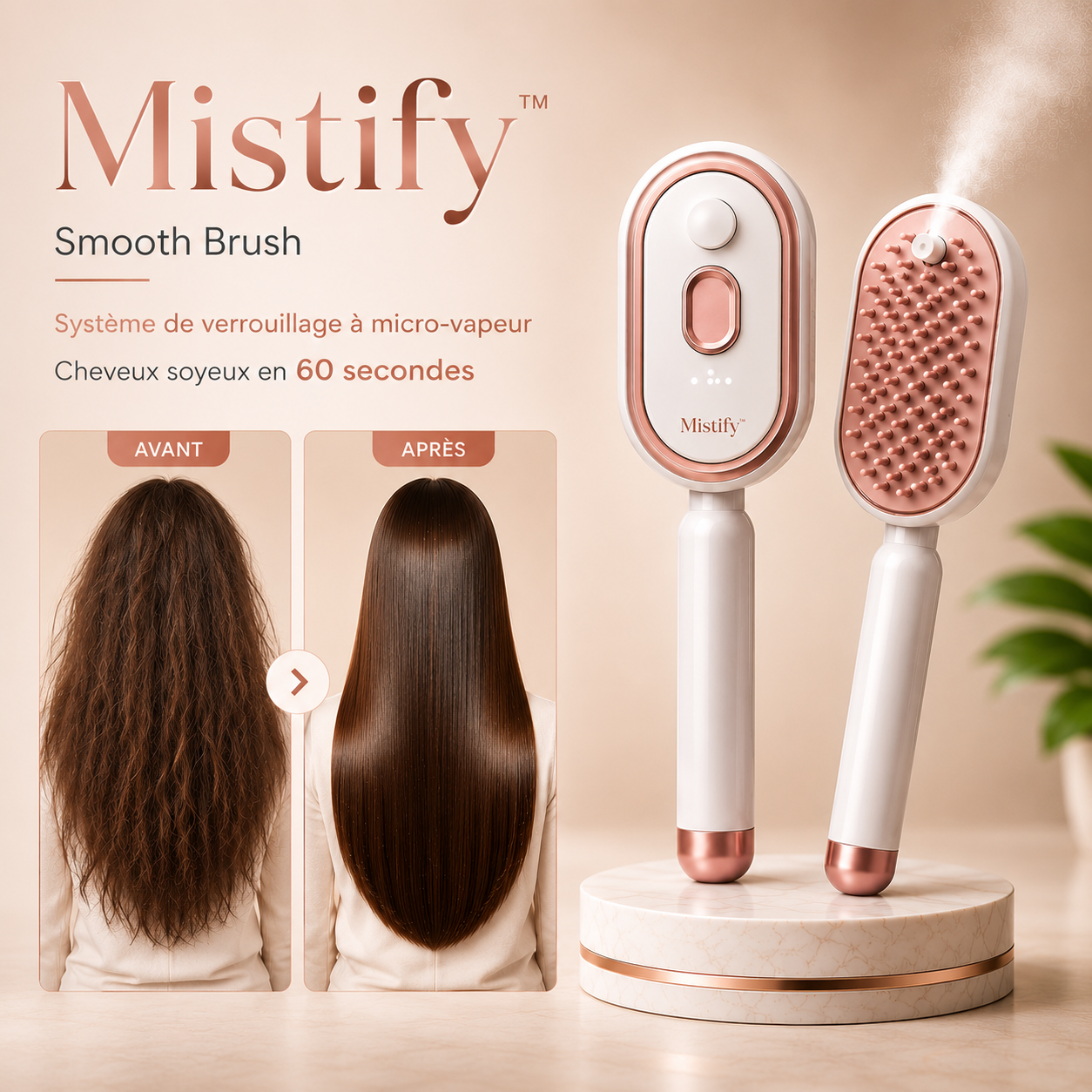 Mistify™ Smooth Brush  Système de verrouillage à micro-vapeur Cheveux soyeux en 60 secondes